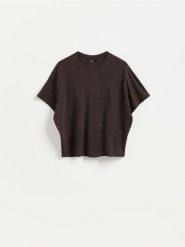 T-shirt oversize - ciemnobrązowy. Brązowe t-shirty damskie Reserved, l, bez wzorów, z bawełny, bez kołnierzyka. Za 69.99 zł.