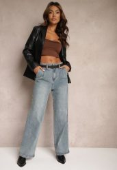 Jasnoniebieskie Bawełniane Szerokie Jeansy High Waist Ozdobione Paskiem Terilainas. Niebieskie jeansy damskie Renee, z podwyższonym stanem. Za 119.99 zł.