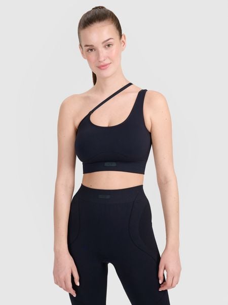 4F Biustonosz treningowy z asymetrycznym ramiączkiem - czarny M/L. Czarne biustonosze sportowe damskie 4f, bez wzorów, z dzianiny. W wyprzedaży za 69.99 zł.
