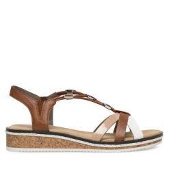 Sandały Rieker. Brązowe sandały damskie Rieker, bez wzorów, bez obcasa, na płaskiej podeszwie. Za 269.99 zł.