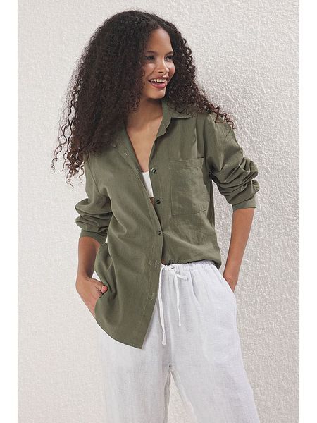 Trendyol Koszula w kolorze khaki rozmiar: 42. Brązowe koszule damskie Trendyol, bez wzorów, z bawełny, bez kołnierzyka, bez ramiączek. Za 94.95 zł.