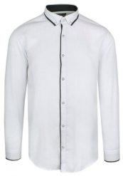 Koszula Męska Biała z Czarną Lamówką -RIGON- Krój TALIOWANY, Długi Rękaw, Slim Fit. Białe koszule męskie Rigon, m, bez wzorów, z bawełny, bez kołnierzyka, bez ramiączek. Za 99.00 zł.