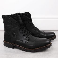 Skórzane botki buty męskie ocieplane wełną czarne Rieker 32133-00. Czarne buty zimowe męskie Rieker, na zimę, ze skóry ekologicznej, bez zapięcia. Za 337.49 zł.