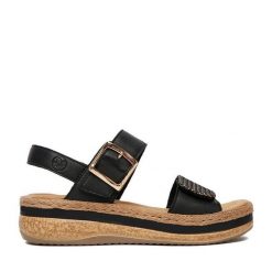 Sandały Rieker. Brązowe sandały damskie Rieker, bez wzorów, bez obcasa, na koturnie. Za 299.99 zł.