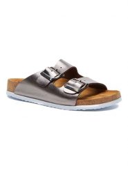 Comfortfusse Skórzane klapki w kolorze srebrnym rozmiar: 38. Szare klapki damskie Comfortfusse, bez wzorów, bez obcasa. Za 267.92 zł.