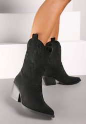 Czarne Botki na Stożu w Stylu Kowbojek Arfelia. Czarne botki damskie Renee, z jeansu, eleganckie, bez obcasa, na obcasie, bez zapięcia. Za 129.99 zł.