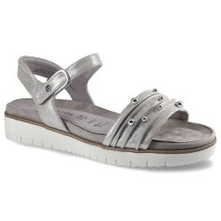 Srebrne Sandały Tamaris Damskie Modne Buty. Szare sandały damskie Tamaris, bez wzorów, ze skóry, bez obcasa. Za 199.00 zł.