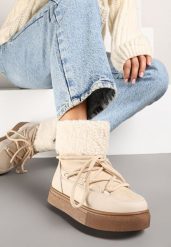 Beżowe Śniegowce Futerkowe na Platformie ze Sznurowaną Cholewką Izalithia. Brązowe śniegowce damskie Renee, z futra. Za 89.99 zł.