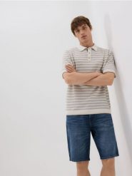 Sweter polo w paski - beżowy. Brązowe swetry męskie Reserved, l, bez wzorów, z bawełny, bez kołnierzyka. Za 119.99 zł.
