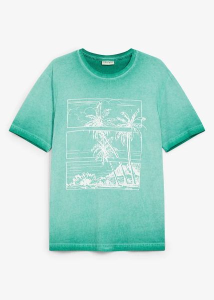 T-shirt z efektem wytarcia, z bawełny organicznej. Zielone t-shirty męskie bonprix, m, bez wzorów, z bawełny, bez kołnierzyka. Za 62.99 zł.