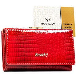 Średni portfel damski ze skóry naturalnej w czerwonym kolorze zamykany na bigiel i zatrzask RH-23-1-RS Rovicky. Czerwone portfele damskie ROVICKY, bez wzorów, z lakierowanej skóry. Za 94.99 zł.