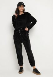 Czarny Welurowy Komplet Dresowy Bluza i Spodnie Typu Jogger Lisilwena. Czarne bluzy bez kaptura damskie Born2be, l, z dresówki. Za 89.99 zł.