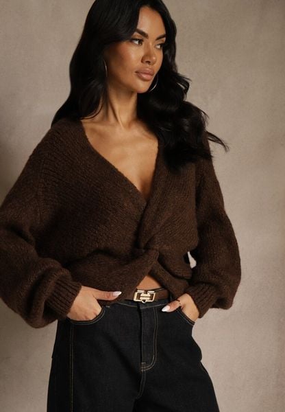 Brązowy Oversizowy Sweter z Dodatkiem Wełny Zdobiony Węzłem Lawedana. Brązowe swetry klasyczne damskie Renee, l, z wełny, bez kołnierzyka. Za 129.99 zł.
