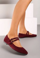 Bordowe Balerinki z Kwadratowym Noskiem z Ozdobnymi Paseczkami Nailone. Czerwone baleriny damskie Born2be, bez wzorów, bez obcasa, na płaskiej podeszwie. Za 49.99 zł.