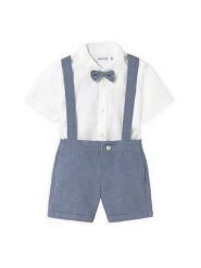 Mayoral Komplet koszula i szorty materiałowe 1250 Niebieski Regular Fit. Niebieskie koszule chłopięce Mayoral, bez wzorów, z bawełny, bez kołnierzyka, bez ramiączek. Za 129.99 zł.