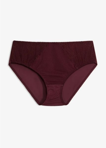 Figi maxi z koronką w graficzny wzór. Fioletowe figi damskie bonprix, bez wzorów, z koronki. Za 39.99 zł.