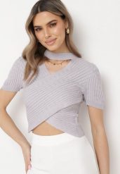Szara Bluzka Krótka ze Stójką z Dekoltem w V Asie. Szare bluzki damskie Born2be, s, bez wzorów, eleganckie, bez kołnierzyka, bez ramiączek. Za 74.99 zł.