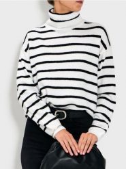 Golf w paski - biały. Białe golfy damskie Sinsay, l, bez wzorów, bez ramiączek. Za 49.99 zł.