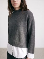 Sweter z koszulową wstawką - szary. Szare swetry klasyczne damskie Sinsay, l, bez kołnierzyka. Za 69.99 zł.