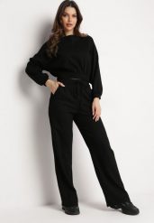 Czarny Komplet Bawełniany Spodnie Szerokie ze Sznurkiem w Pasie i Bluza ze Ściągaczami Urionne. Czarne bluzy bez kaptura damskie Born2be, bez wzorów, z bawełny, eleganckie. Za 199.99 zł.