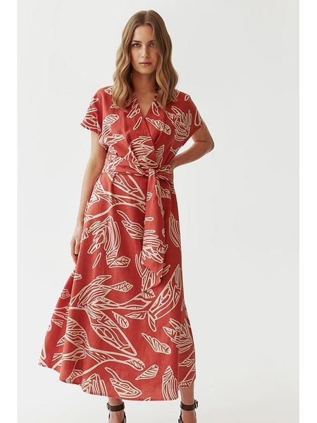 TATUUM Sukienka w kolorze biało-czerwonym rozmiar: 40. Białe sukienki damskie Tatuum, bez wzorów, z tkaniny, bez kołnierzyka, bez ramiączek, midi, rozkloszowane. Za 179.22 zł.