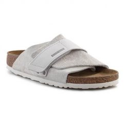 Klapki damskie Birkenstock Kyoto. Szare klapki damskie Birkenstock, bez wzorów, z materiału, bez obcasa. Za 745.00 zł.
