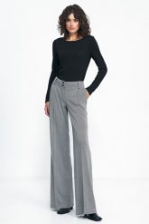Spodnie Wide Leg w Jodełkę - Czarne. Czarne spodnie materiałowe damskie Nife, bez wzorów, z materiału, z podwyższonym stanem. Za 295.90 zł.