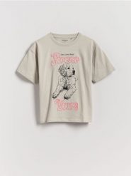 T-shirt z haftowanym napisem - jasnoszary. Szare koszulki dziewczęce Reserved, bez wzorów, z bawełny, bez ramiączek. Za 45.99 zł.