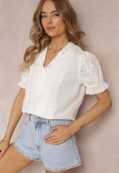 Biała Koszula z Bufiastymi Rękawami i Koronkowymi Wstawkami Rathima. Białe koszule damskie Renee, l, w ażurowe wzory, z koronki, bez kołnierzyka, bez ramiączek. Za 84.99 zł.