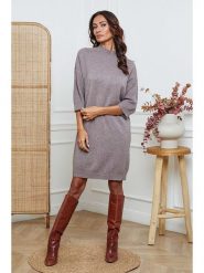 So Cachemire Sukienka dzianinowa "Major" w kolorze szarobrązowym rozmiar: XL. Brązowe sukienki damskie So Cachemire, na co dzień, xl, bez wzorów, z dzianiny, bez kołnierzyka, bez ramiączek, midi, proste. Za 195.99 zł.