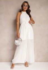 Biały Kombinezon z Dekoltem Typu Halter i Gumką w Talii Zolefia. Białe kombinezony damskie Renee, bez wzorów, eleganckie, bez kołnierzyka, bez ramiączek, długie. Za 74.99 zł.