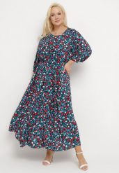 Granatowa Wiskozowa Sukienka z Rękawami 3/4 w Kwiecisty Print Trestella. Niebieskie sukienki damskie Born2be, xl, bez wzorów, z materiału, bez kołnierzyka, bez ramiączek, maxi. W wyprzedaży za 82.49 zł.