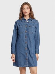 Wrangler Sukienka jeansowa Western W24JLLX8E 112320712 Niebieski Regular Fit. Niebieskie sukienki damskie Wrangler, xs, bez wzorów, z jeansu, bez kołnierzyka, bez ramiączek. Za 279.99 zł.