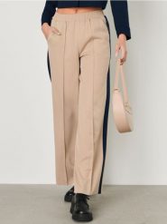 Spodnie wide leg z lampasem - beżowy. Brązowe spodnie materiałowe damskie Sinsay, bez wzorów. W wyprzedaży za 27.99 zł.