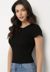 Czarny T-shirt Bawełniany w Prążki z Guzikami Balirea. Czarne t-shirty damskie Born2be, m, bez wzorów, z bawełny, bez kołnierzyka. Za 39.99 zł.