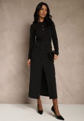 Czarna Koszulowa Sukienka z Wiskozą Ozdobiona Paskiem i Guzikami Vetionna. Czarne sukienki damskie Renee, na co dzień, l, bez wzorów, z wiskozy, eleganckie, bez kołnierzyka, bez ramiączek, maxi, koszulowe. Za 159.99 zł.