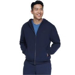 Bluza dresowa sportowa męska Max Soft Full Zip Hoodie. Niebieskie bluzy sportowe męskie Skechers, bez wzorów, z bawełny, sportowe, bez kołnierzyka, bez ramiączek. Za 299.99 zł.