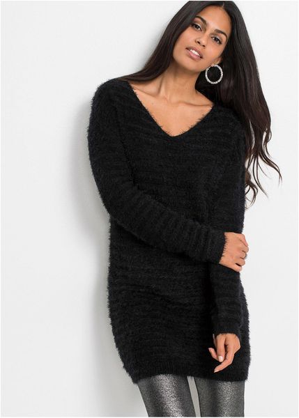 Puszysty długi sweter. Czarne swetry klasyczne damskie bonprix, bez kołnierzyka. Za 129.99 zł.