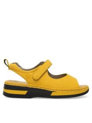 Rieker Sandały V59Q4-68 Żółty. Żółte sandały damskie Rieker, bez wzorów, z syntetyku, bez obcasa, na płaskiej podeszwie. Za 299.99 zł.