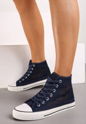 Granatowe Trampki z Wysoką Cholewką Ozdobione Perforacją Velagia. Niebieskie trampki i tenisówki damskie Born2be, bez wzorów, przed kolano. Za 19.99 zł.