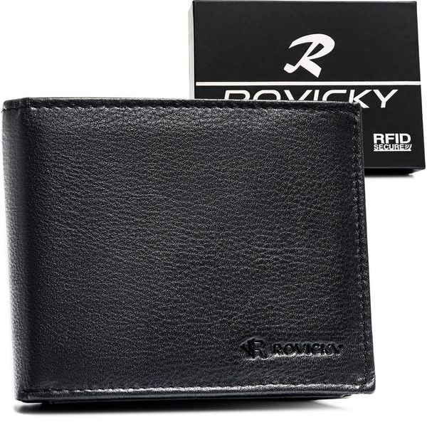 Duży, czarny portfel męski ze skóry naturalnej wyposażony w system RFID - Rovicky. Czarne portfele męskie ROVICKY, bez wzorów, ze skóry. Za 39.99 zł.