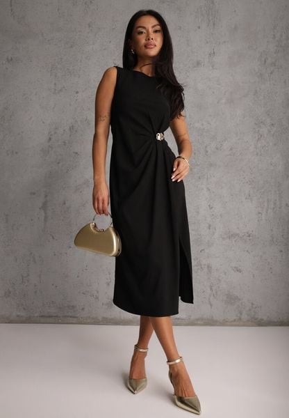 Czarna Sukienka z Wiskozą Bez Rękawów z Rozcięciem na Nogę i Ozdobą Kauri. Czarne sukienki damskie Renee, na imprezę, s, z aplikacjami, z wiskozy, eleganckie, bez kołnierzyka, bez ramiączek, midi. Za 119.99 zł.