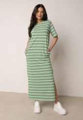Biało-Zielona Pudełkowa Sukienka z Bawełny w Poziome Paski Diove. Białe sukienki damskie Born2be, do pracy, l, bez wzorów, z bawełny, biznesowe, bez kołnierzyka, bez ramiączek, maxi, proste. Za 89.99 zł.