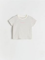 Prążkowany t-shirt z haftem - złamana biel. Koszulki dziewczęce Reserved, m, bez wzorów, z bawełny, bez ramiączek. W wyprzedaży za 12.99 zł.