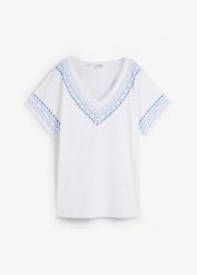 Wygodny t-shirt z haftowym nadrukiem, z bawełny organicznej. Białe t-shirty damskie bonprix, bez wzorów, z bawełny, bez kołnierzyka. Za 64.99 zł.