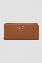 GUESS Brązowy portfel damski Laurel Slg. Brązowe portfele damskie Guess, z aplikacjami, ze skóry ekologicznej. W wyprzedaży za 143.99 zł.