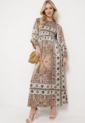 Beżowa Sukienka w Stylu Boho z Rozkloszowanym Dołem i Bufiastymi Rękawami Ertiana. Brązowe sukienki damskie Born2be, na co dzień, l, bez wzorów, z materiału, boho, bez kołnierzyka, bez ramiączek, maxi, proste. W wyprzedaży za 127.99 zł.