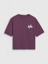 4F T-shirt oversize z nadrukiem damski - fioletowy M. Fioletowe t-shirty damskie 4f, m, bez wzorów, z bawełny, bez kołnierzyka. W wyprzedaży za 39.99 zł.