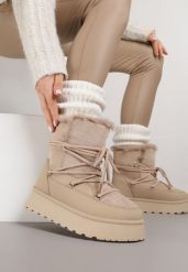 Ciemnobeżowe Śniegowce na Grubej Podeszwie z Futerkiem Alwedra. Brązowe śniegowce damskie Born2be, z jeansu. Za 89.99 zł.