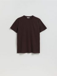 T-shirt regular w prążek - ciemnobrązowy. Brązowe t-shirty męskie Reserved, l, bez wzorów, z bawełny, bez kołnierzyka. Za 79.99 zł.